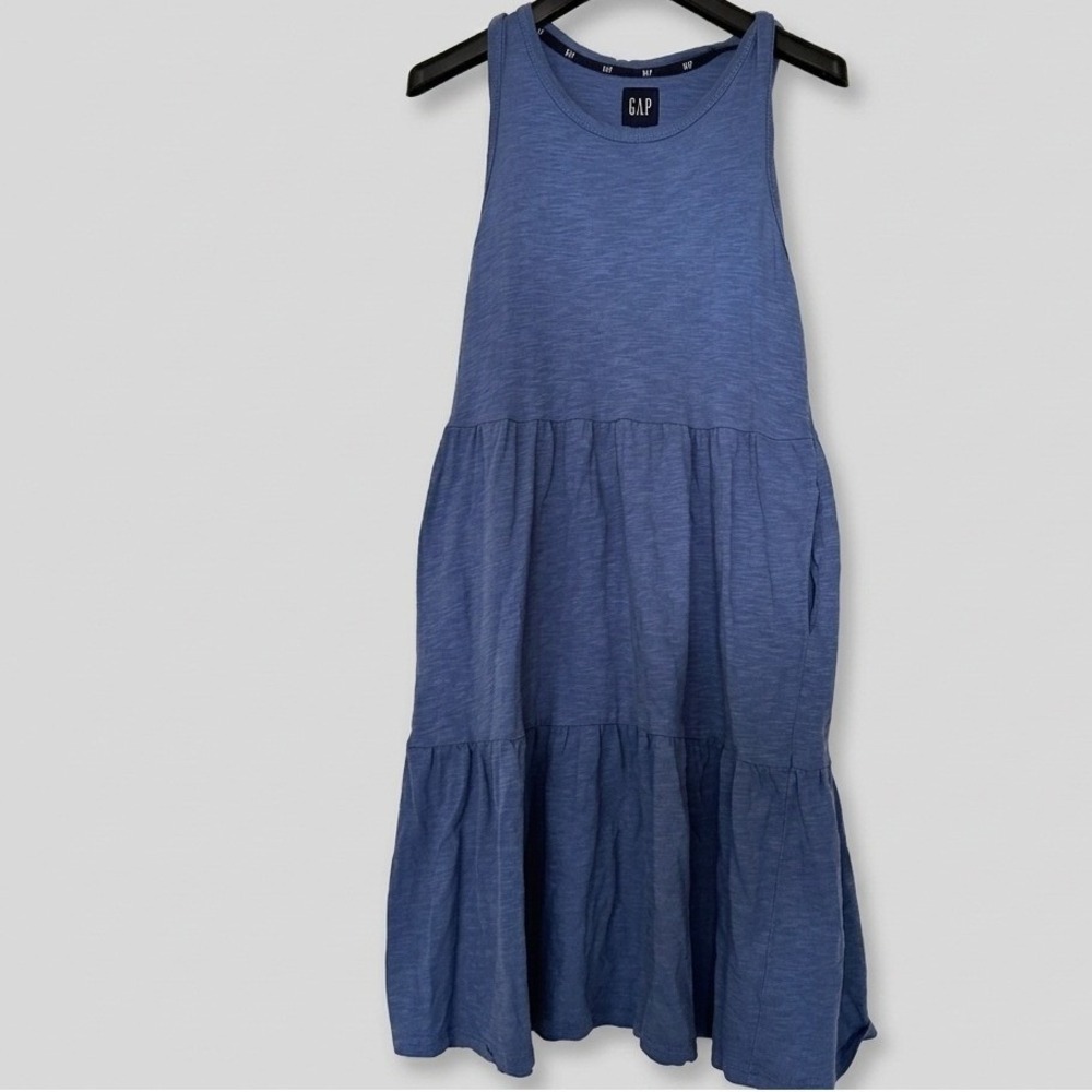 Gap Women Blue Tiered Sleeveless Mini Dress Slub Knit Cotton Modal Size S